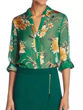 Alice + Olivia Green & Yellow Gold Floral Eloise Button-Front Blouse Roll Tab XS